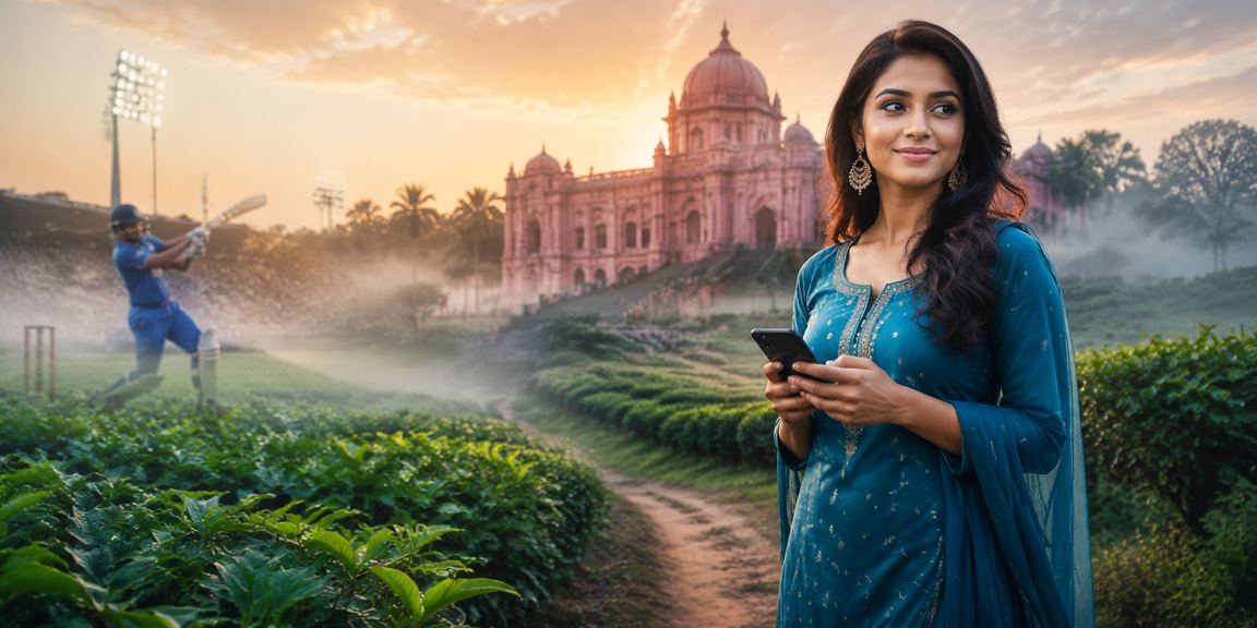 A woman in salwar kameez in Dhaka placing cricket bets on her mobile phone
